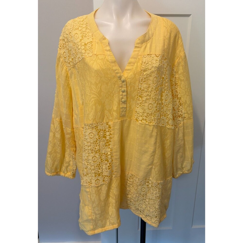 COLDWATER CREEK Womens TOP 3/4 Sleeve YELLOW Lace Lined Size 3X